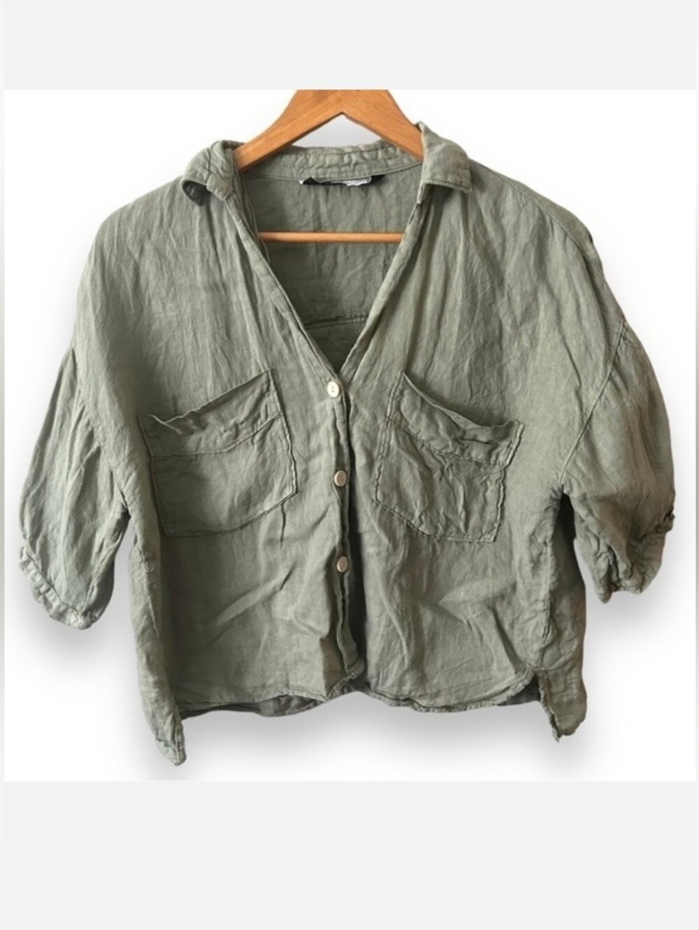 Zara sz M 100% Linen Button Up Crop Shirt Boxy Flowy Top